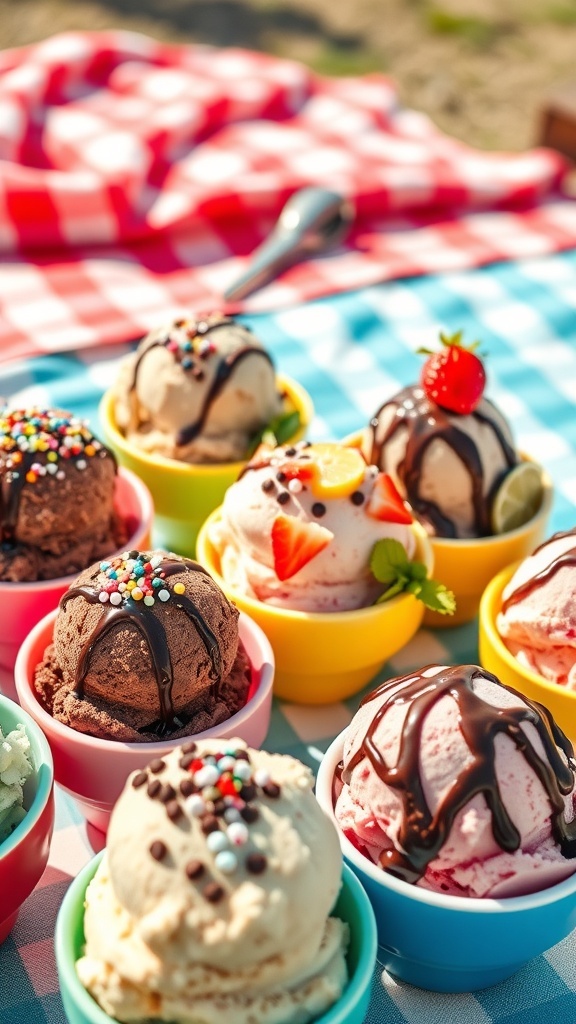 A variety of ice cream scoops in colorful bowls with toppings like sprinkles and fruit, set on a picnic blanket.